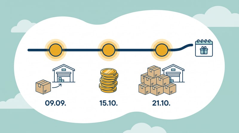 Zeitstrahl der Amazon-FBA-Termine im vierten Quartal 2026: 9. September Ankunft der Ware im Logistikzentrum für die Prime Big Deal Days, 15. Oktober Beginn der Peak-Versandgebühr, 21. Oktober Ankunft des Black-Friday-Bestands, danach das Weihnachtsgeschäft.