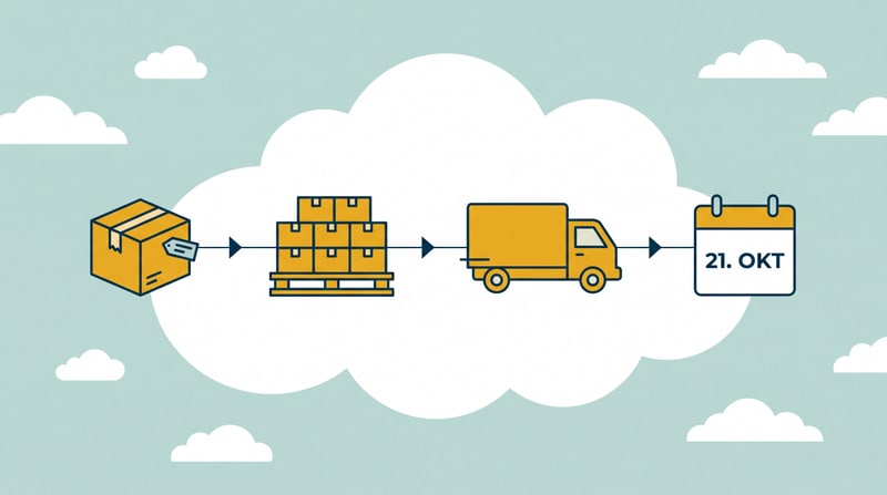 Rückwärtsplanung bis zur FBA-Ankunftsfrist: Vor dem Stichtag am 21. Oktober liegen Prep und Etikettierung der Ware, die Bereitstellung auf Paletten und der Transit zum Logistikzentrum. Der Kalendertag markiert das Eintreffen, nicht den Versand.