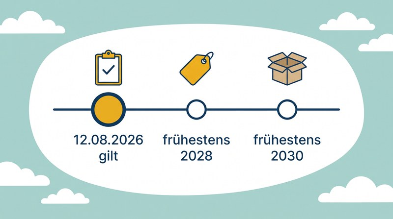 Zeitstrahl der PPWR-Stufen mit drei Stationen. Nur die erste ist als ausgefüllter Punkt markiert: die Grundpflichten gelten seit dem 12. August 2026. Die beiden folgenden Stationen sind offene Kreise und mit frühestens 2028 für die Sortierpiktogramme und frühestens 2030 für Recyclingklassen, Rezyklatquoten und die Leerraumquote beschriftet, weil sich diese Termine nach hinten verschieben, wenn die zugehörigen Durchführungs- und delegierten Rechtsakte später in Kraft treten.