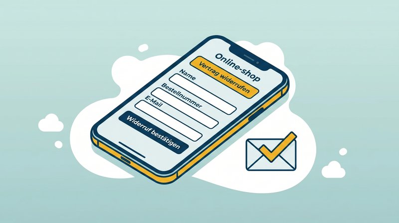 Widerrufsbutton Beispiel: Shop-Ansicht mit Schaltfläche 'Vertrag widerrufen', Formular und Bestätigungs-Button 'Widerruf bestätigen'